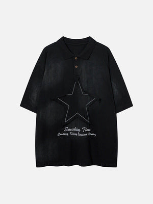 Tntwear® - Applique Embroidery Star Washed Polo Tee - tntwear1