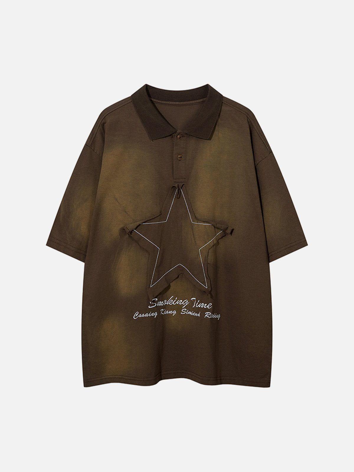 Tntwear® - Applique Embroidery Star Washed Polo Tee - tntwear1