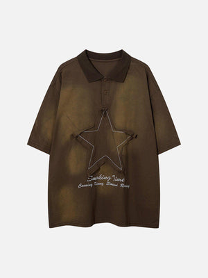 Tntwear® - Applique Embroidery Star Washed Polo Tee - tntwear1