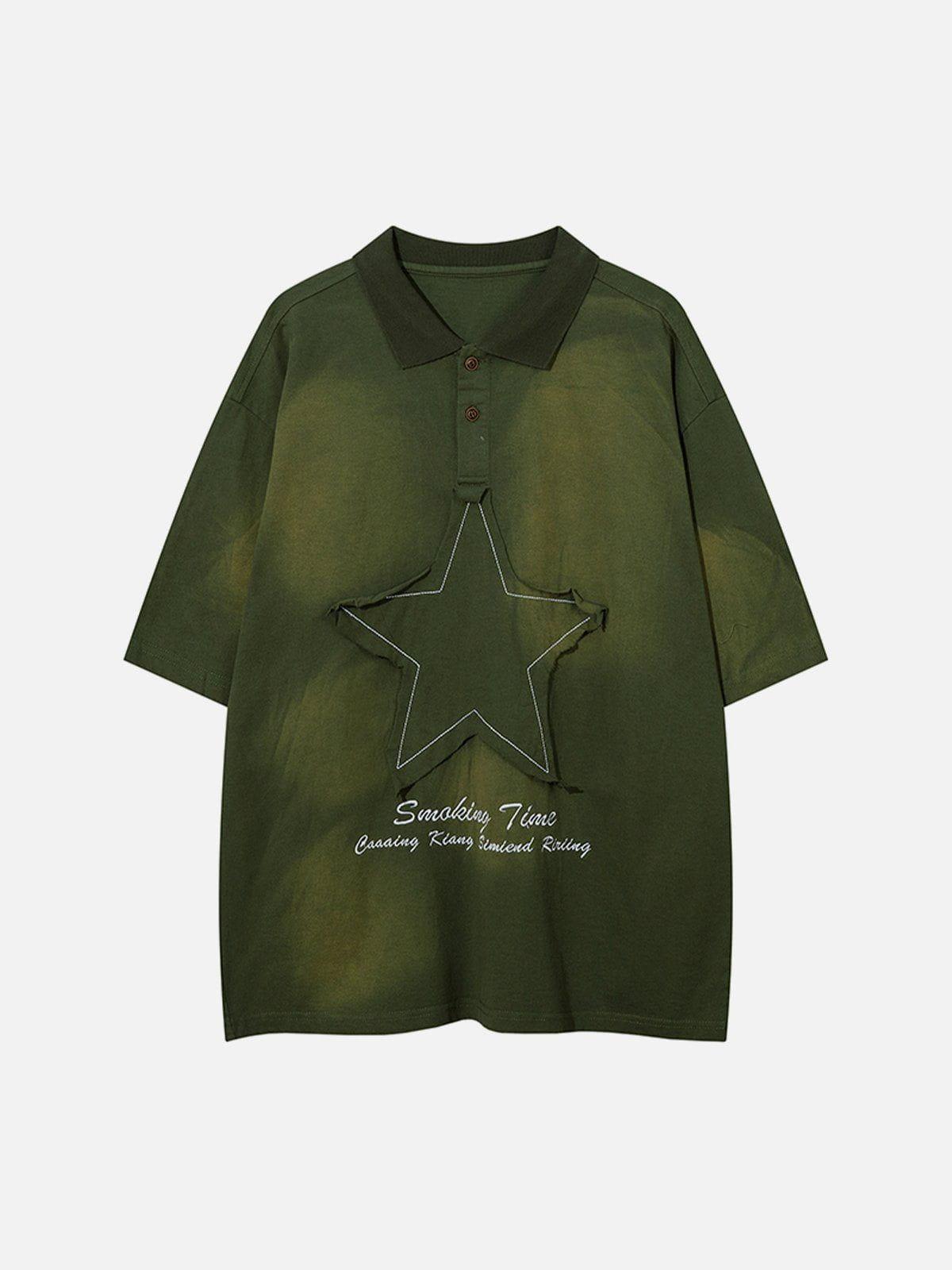 Tntwear® - Applique Embroidery Star Washed Polo Tee - tntwear1