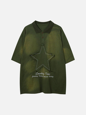 Tntwear® - Applique Embroidery Star Washed Polo Tee - tntwear1