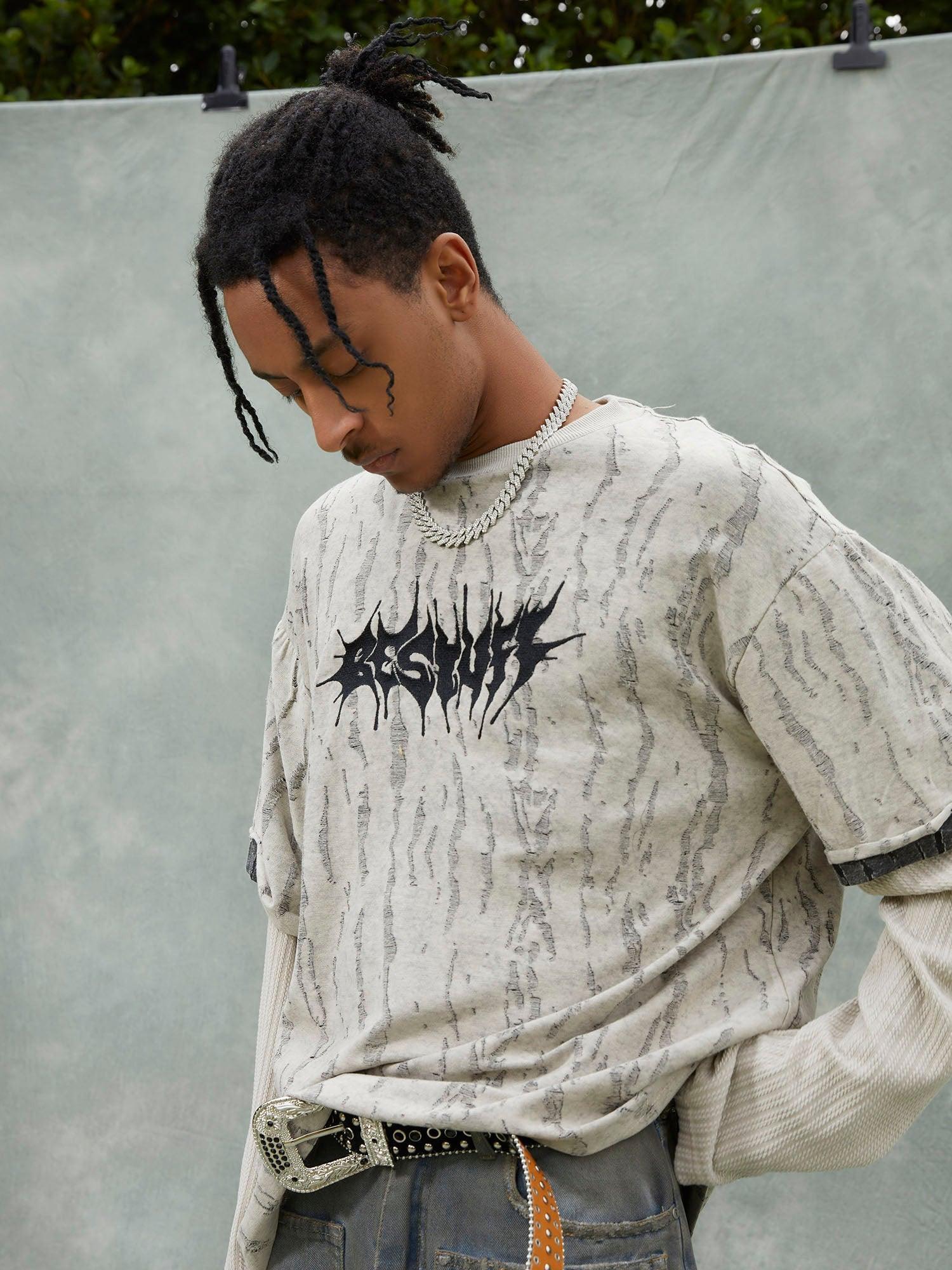 Tntwear® - Fake Two-piece Distressed Textured Woolen T-shirt - tntwear1
