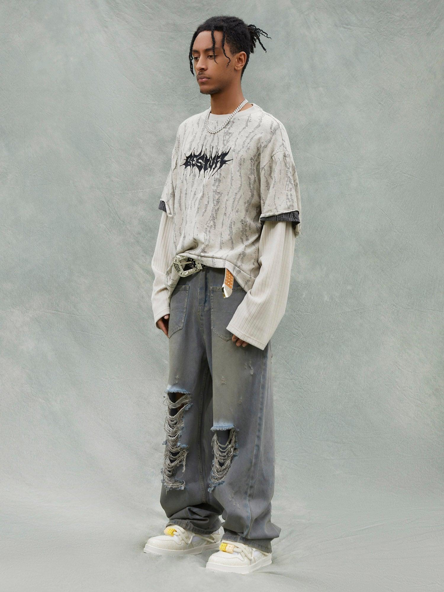 Tntwear® - Fake Two-piece Distressed Textured Woolen T-shirt - tntwear1