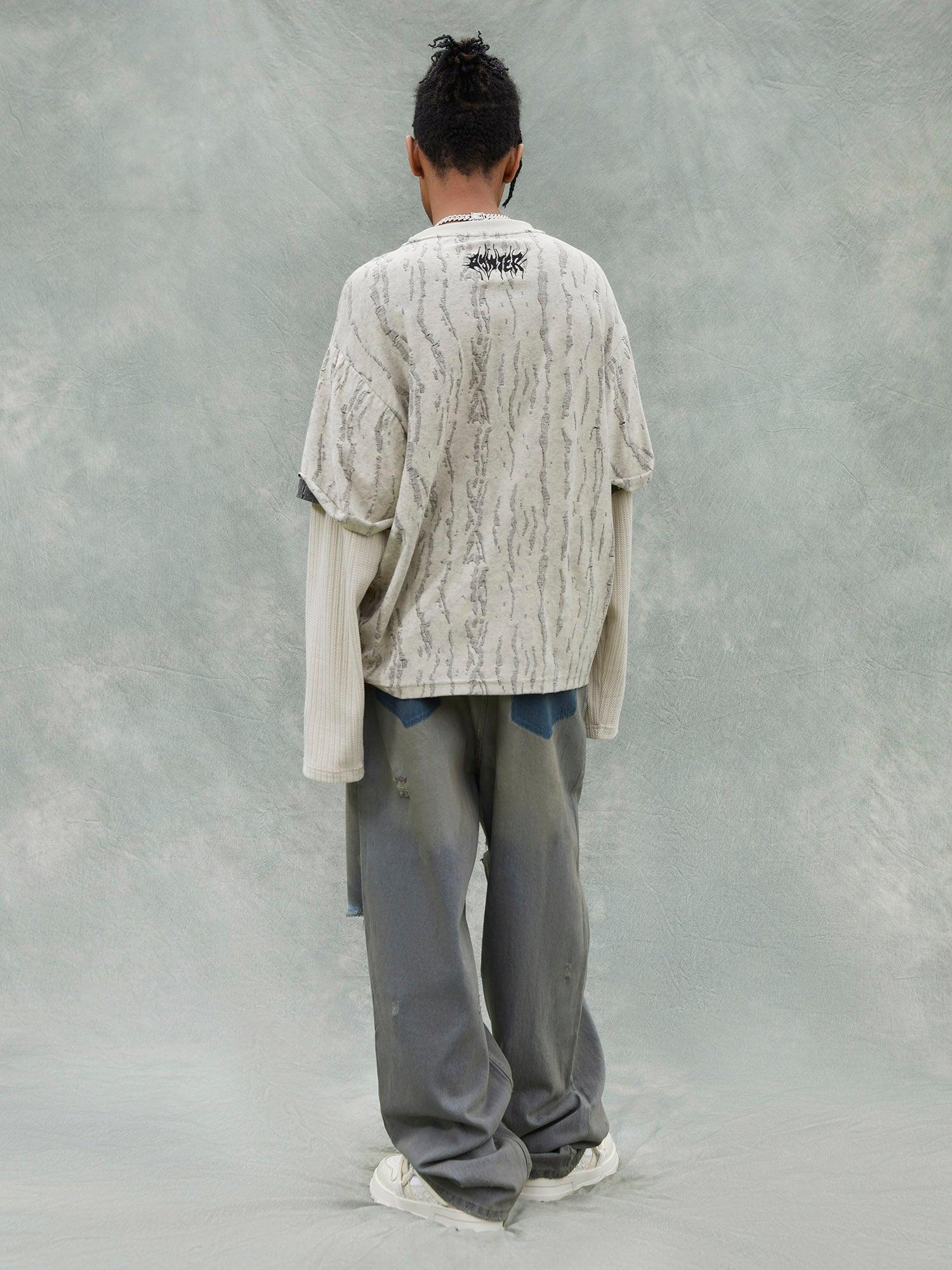 Tntwear® - Fake Two-piece Distressed Textured Woolen T-shirt - tntwear1
