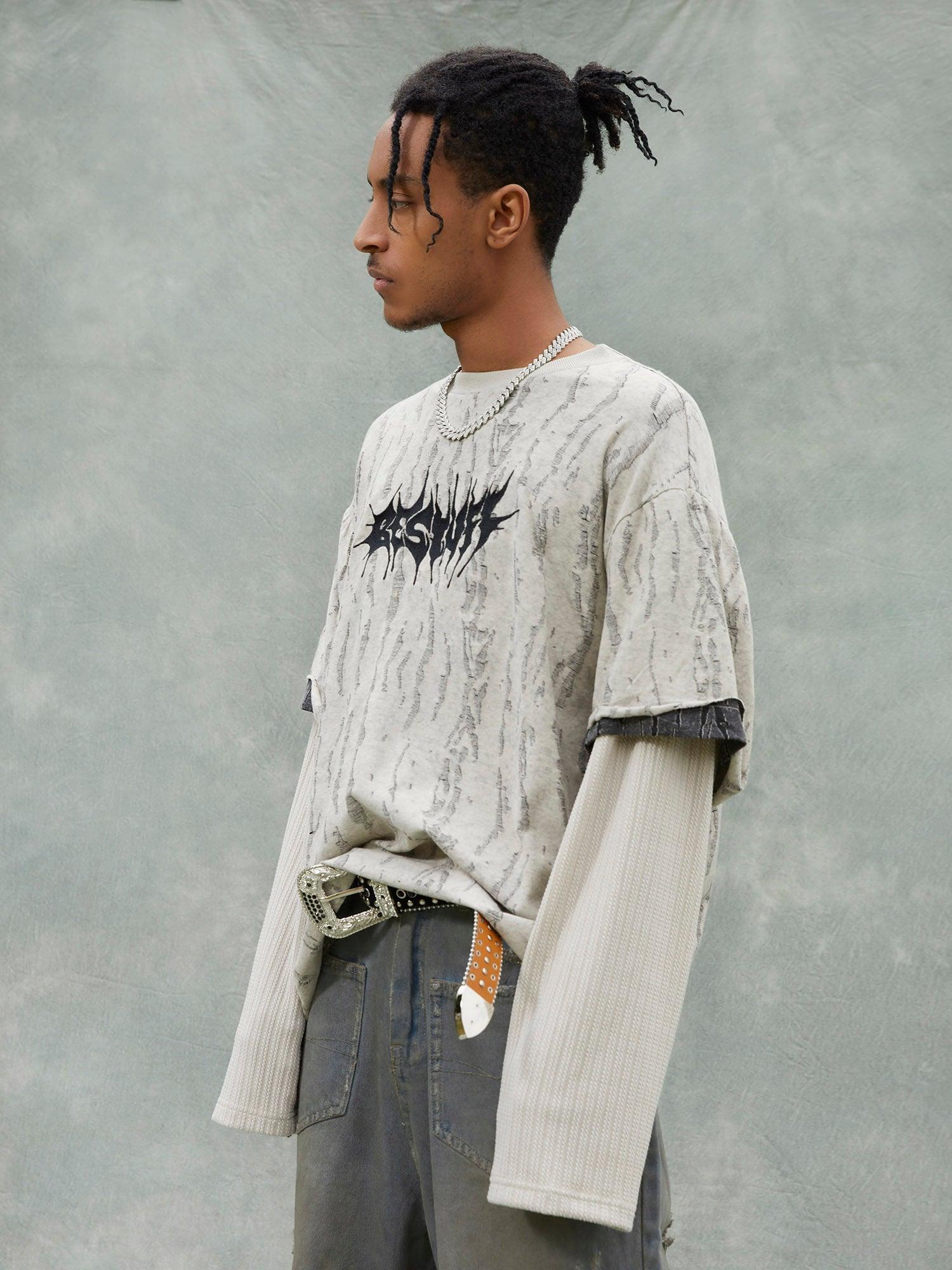 Tntwear® - Fake Two-piece Distressed Textured Woolen T-shirt - tntwear1
