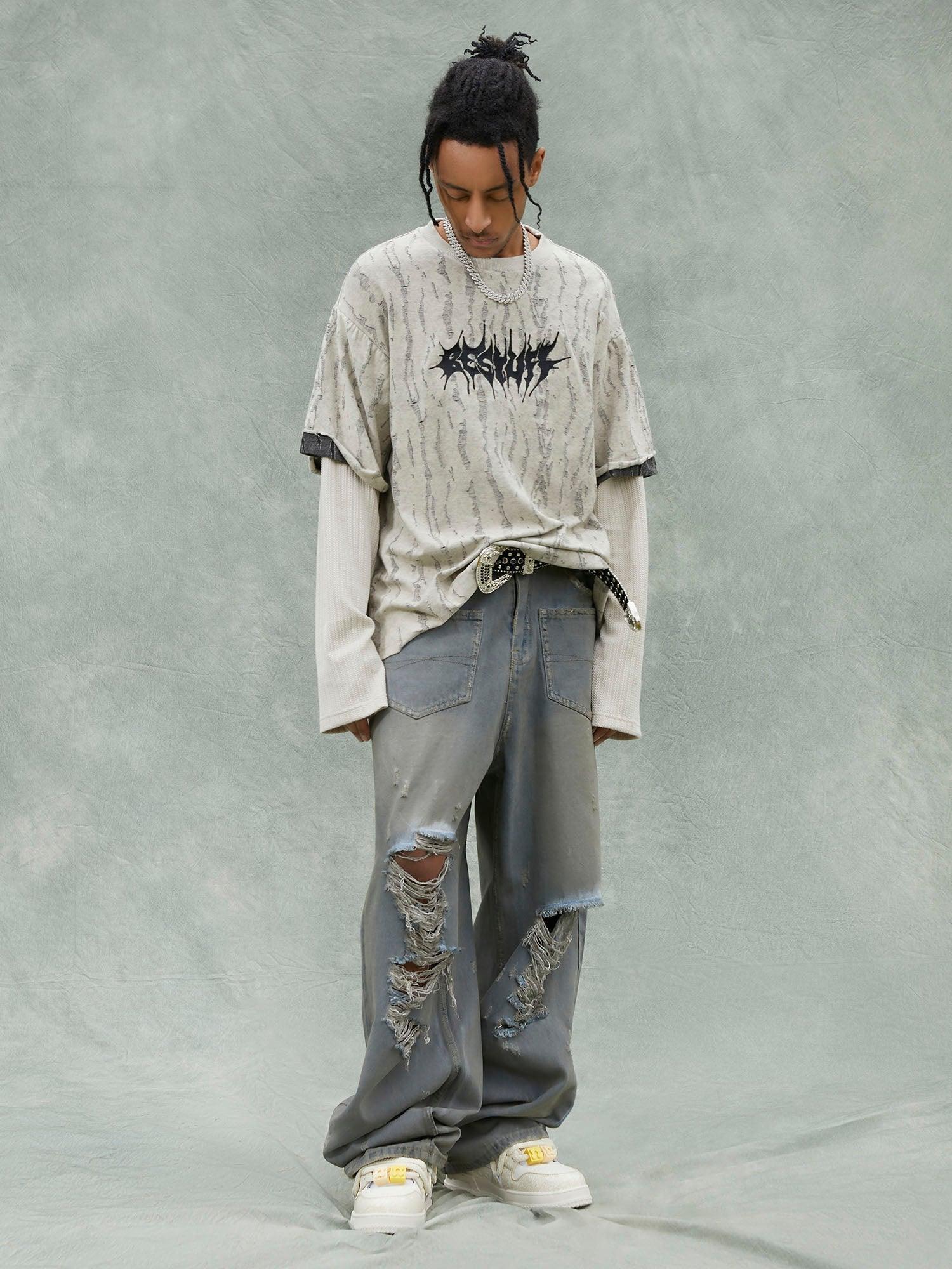Tntwear® - Fake Two-piece Distressed Textured Woolen T-shirt - tntwear1