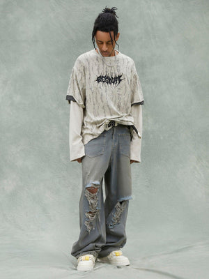 Tntwear® - Fake Two-piece Distressed Textured Woolen T-shirt - tntwear1