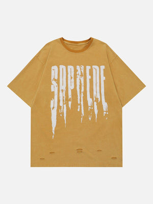 Tntwear® - Hole Letter Print Washed Tee - tntwear1