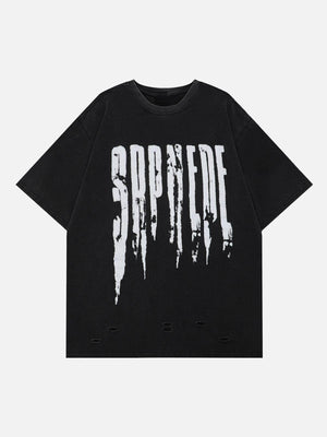 Tntwear® - Hole Letter Print Washed Tee - tntwear1