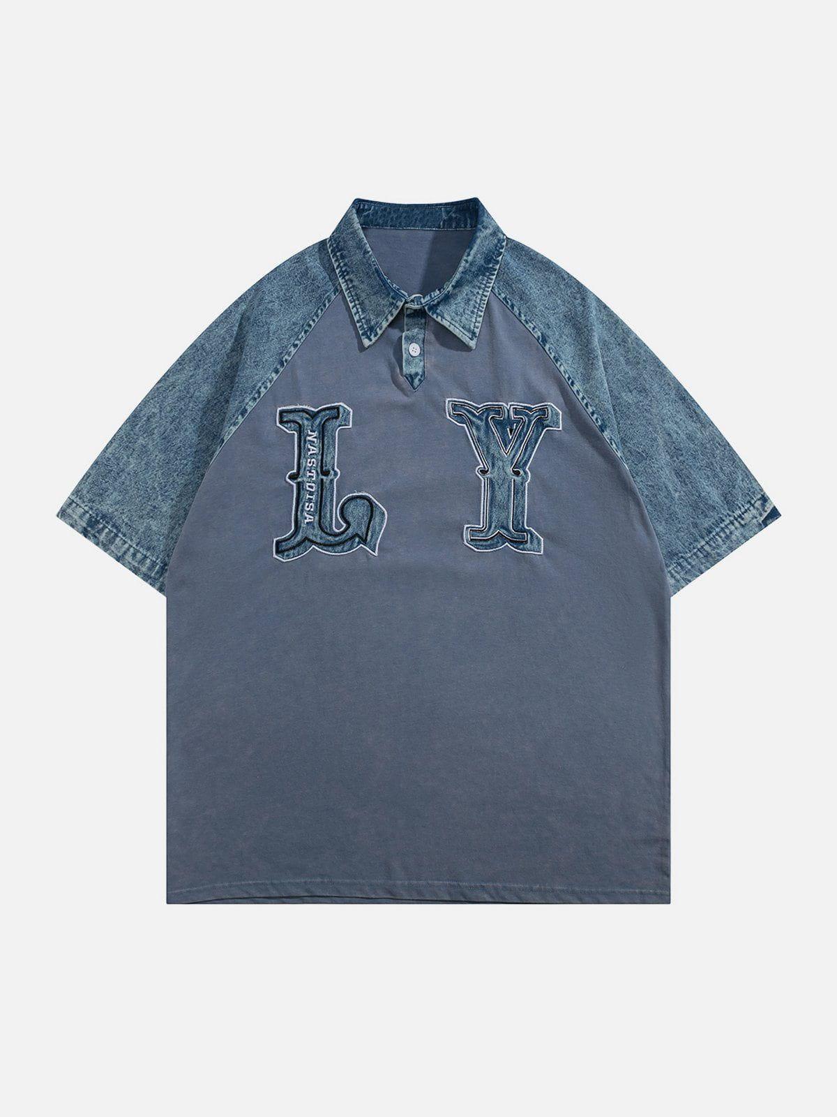 Tntwear® - LY Letter Patchwork Polo Collar Tee - tntwear1