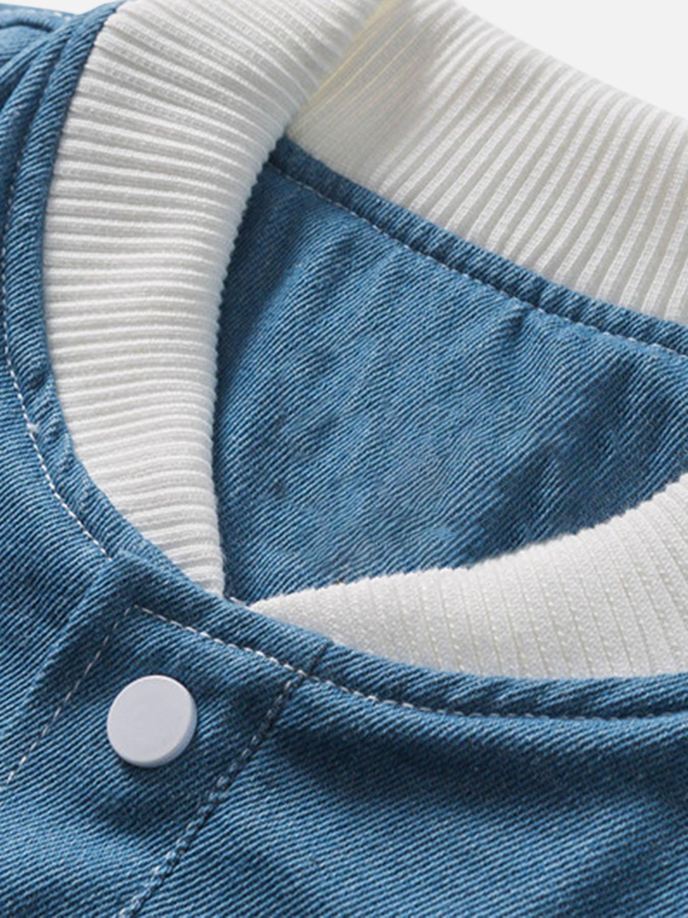 Tntwear® - Patch Embroidered Denim Patchwork Baseball Jacket - tntwear1