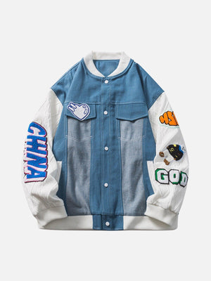 Tntwear® - Patch Embroidered Denim Patchwork Baseball Jacket - tntwear1