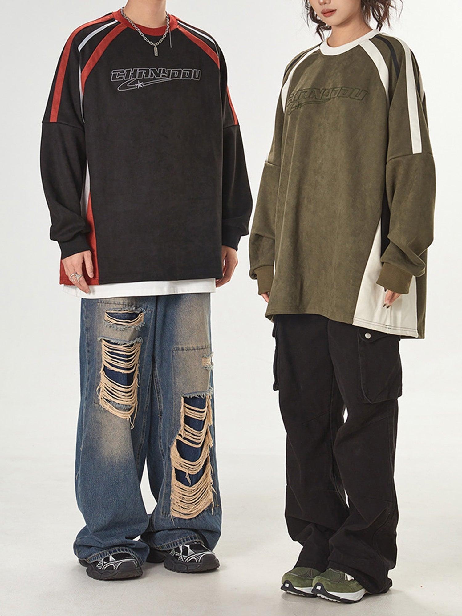 Tntwear® - Patchwork Contrasting Two-tone Raglan Embroidered Sweatshirt - tntwear1