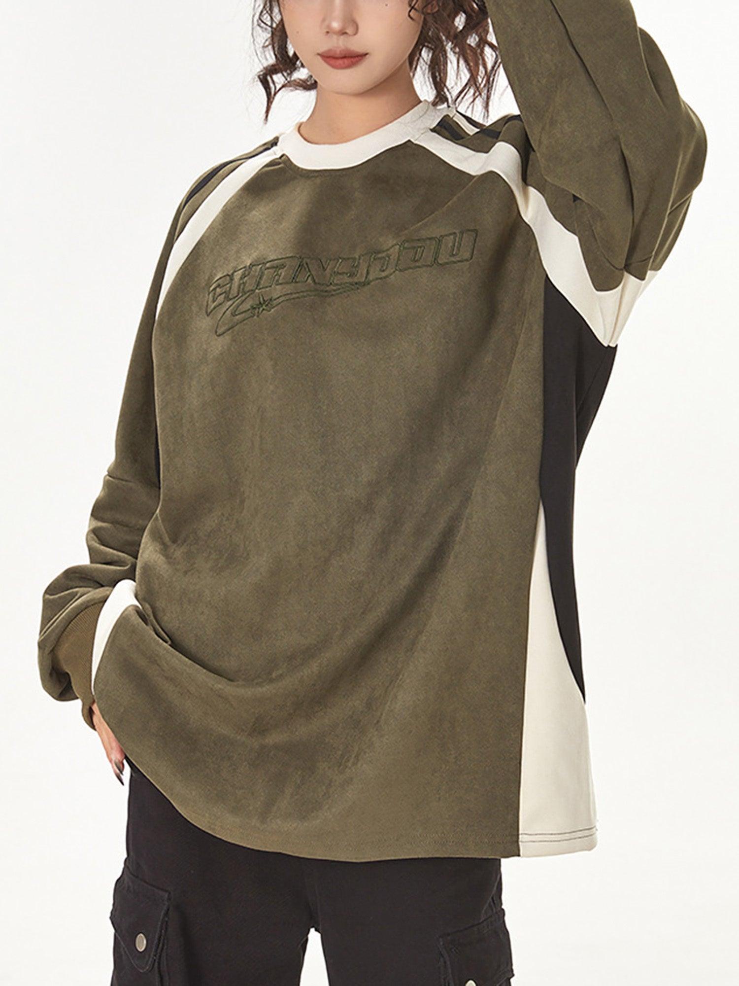 Tntwear® - Patchwork Contrasting Two-tone Raglan Embroidered Sweatshirt - tntwear1