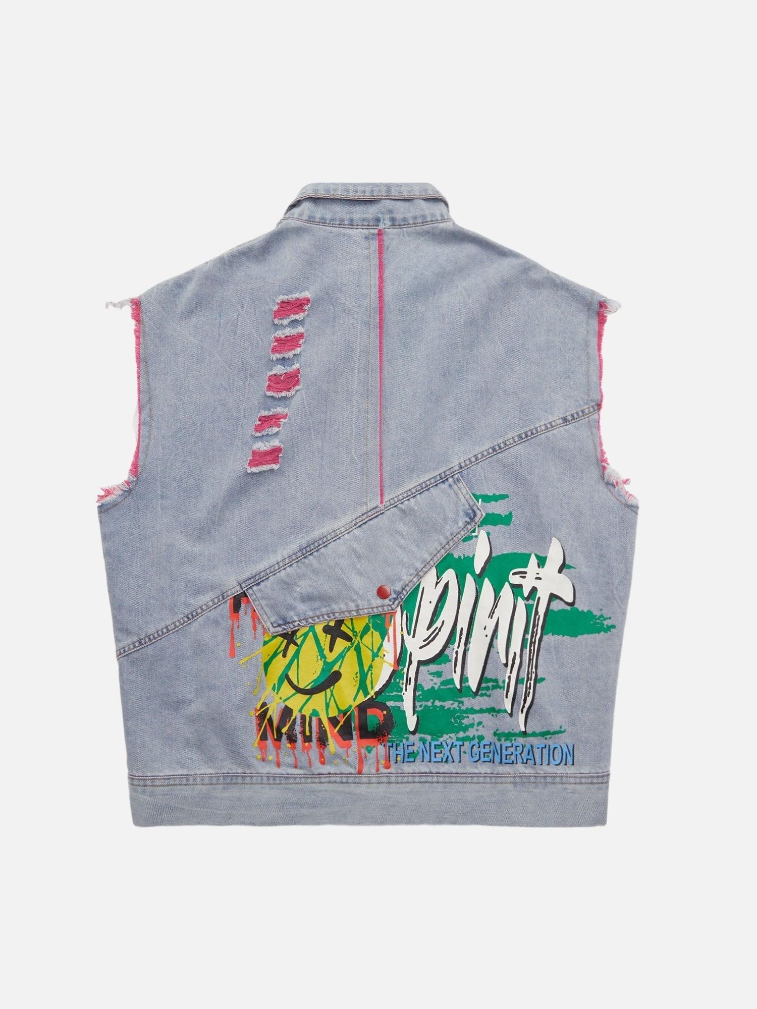 Tntwear® - Street Hip-hop Ripped Graffiti Printed Denim Vest - tntwear1