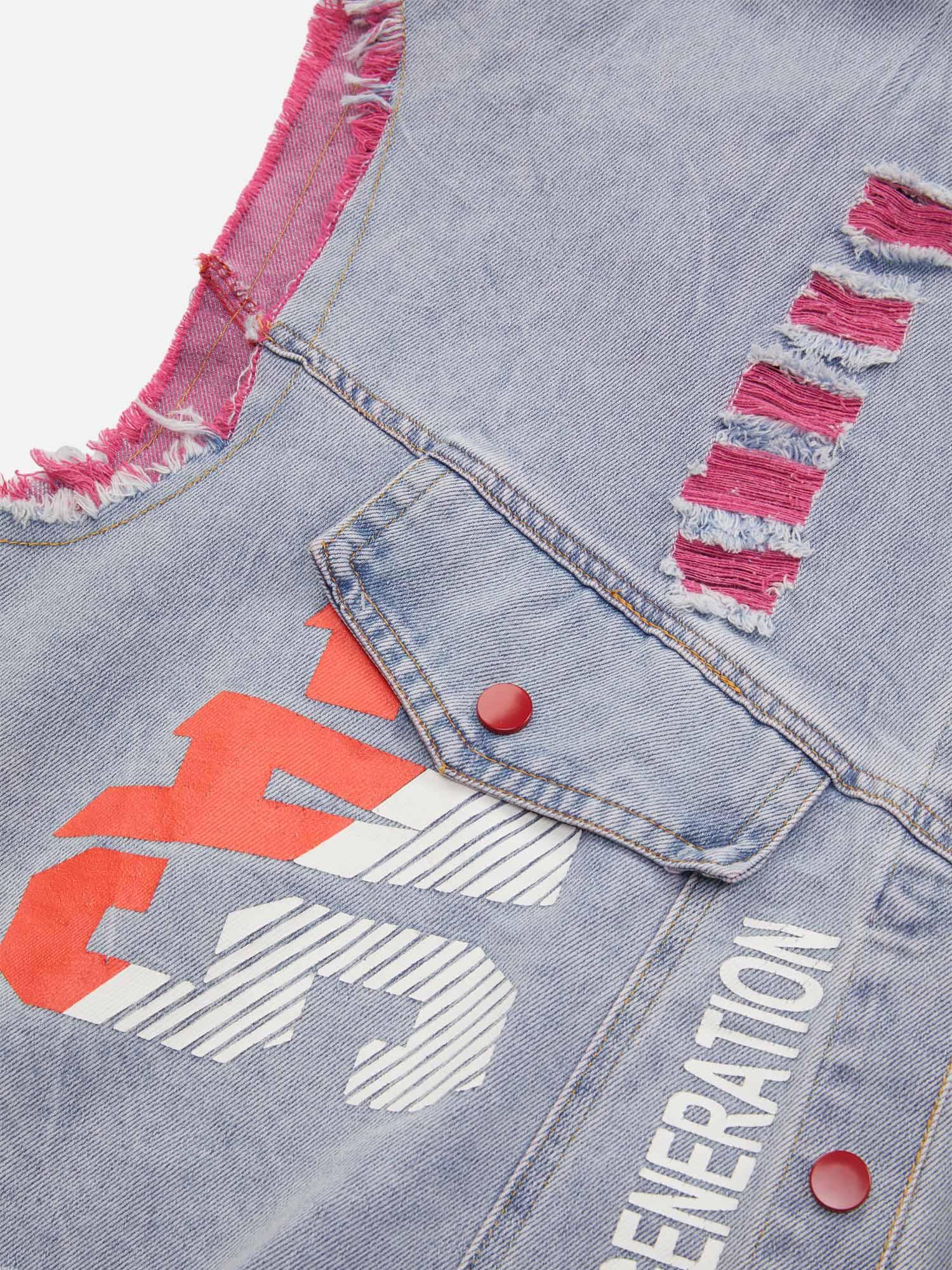 Tntwear® - Street Hip-hop Ripped Graffiti Printed Denim Vest - tntwear1