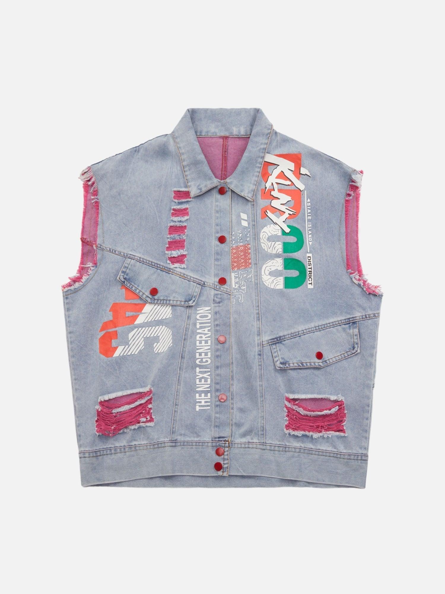 Tntwear® - Street Hip-hop Ripped Graffiti Printed Denim Vest - tntwear1