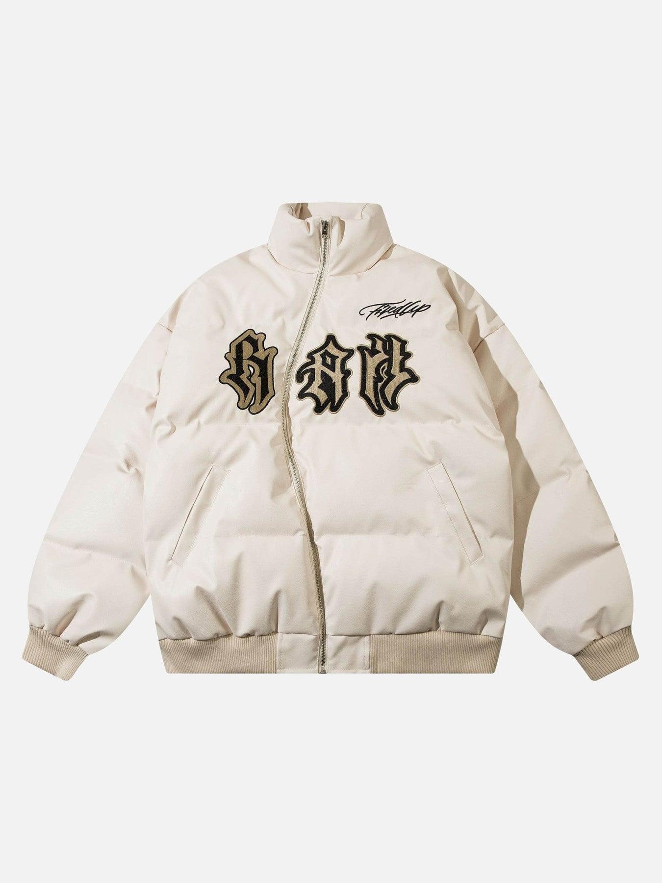 Tntwear® - Street Letter Embroidery Diagonal Zipper Cotton Jacket - tntwear1