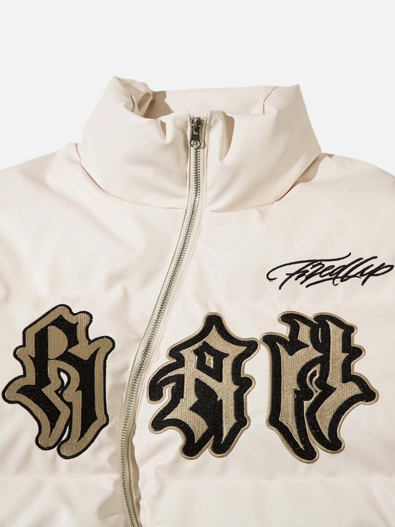 Tntwear® - Street Letter Embroidery Diagonal Zipper Cotton Jacket - tntwear1