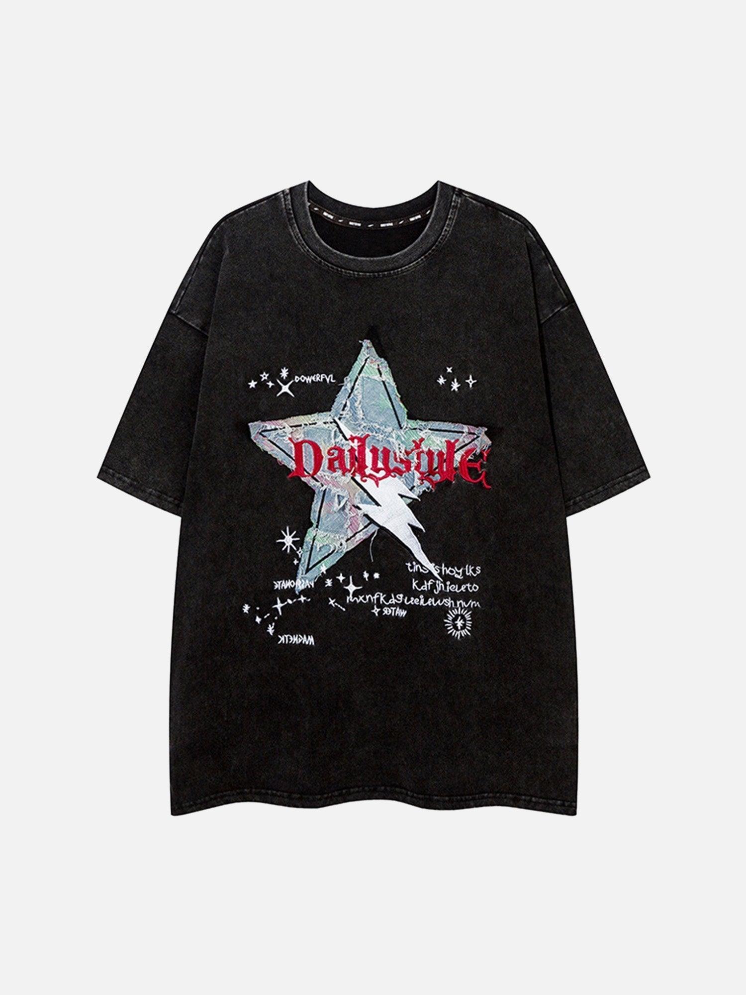 Tntwear® - Washed Distressed Denim Patch Embroidered Star T-shirt - tntwear1