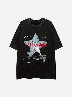 Tntwear® - Washed Distressed Denim Patch Embroidered Star T-shirt - tntwear1