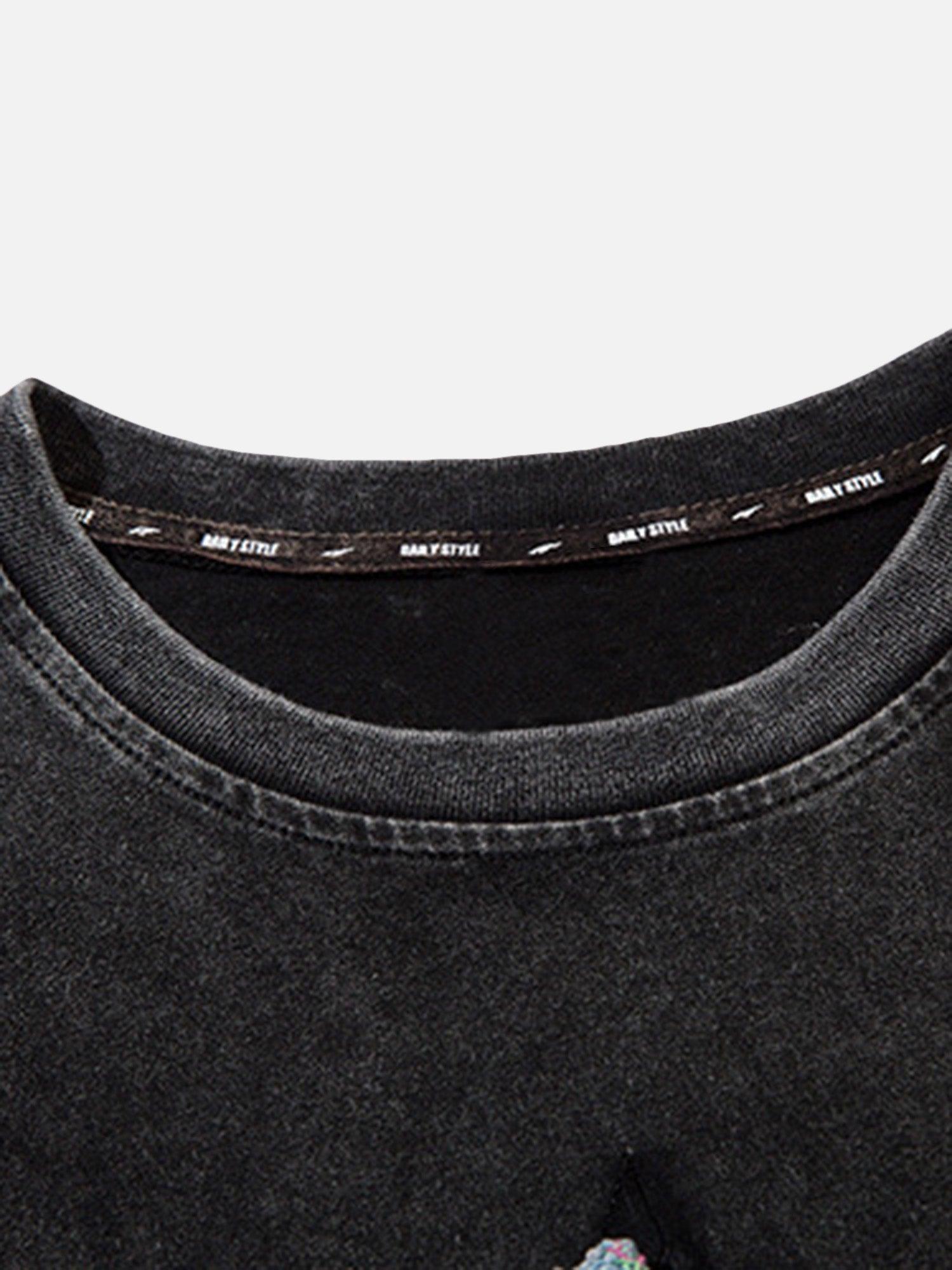 Tntwear® - Washed Distressed Denim Patch Embroidered Star T-shirt - tntwear1