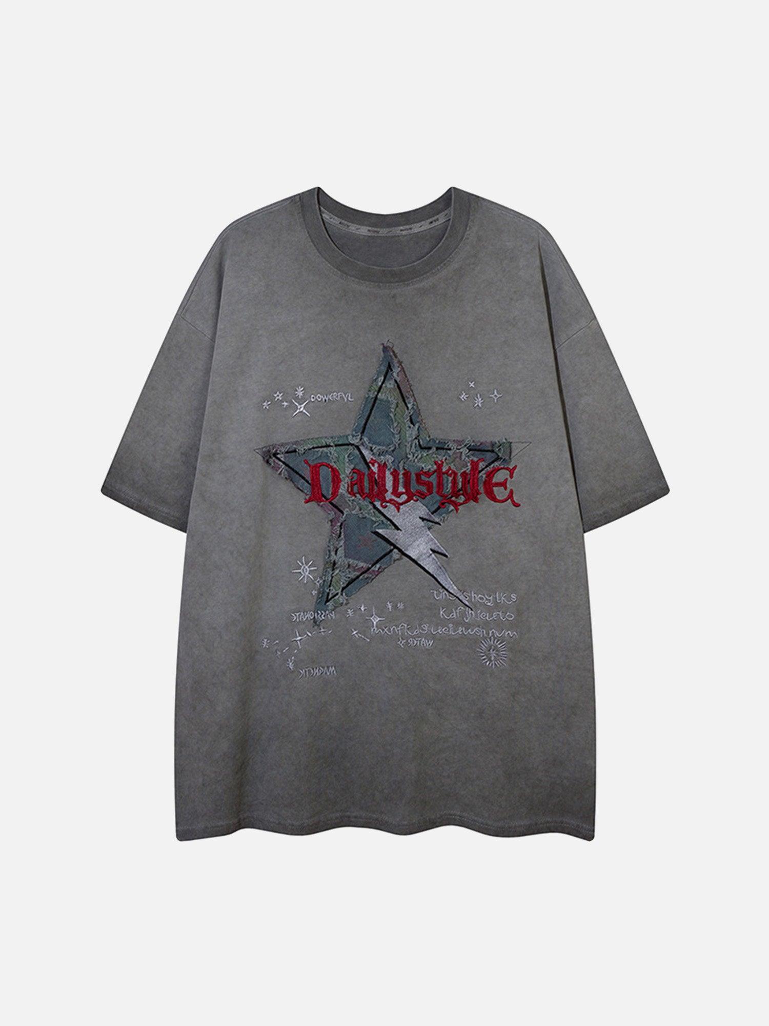 Tntwear® - Washed Distressed Denim Patch Embroidered Star T-shirt - tntwear1