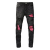 Pink Leather Ribs Patchwork Holes Stretch Slim Fit Streetwear Ripped Jeans - tntwear1