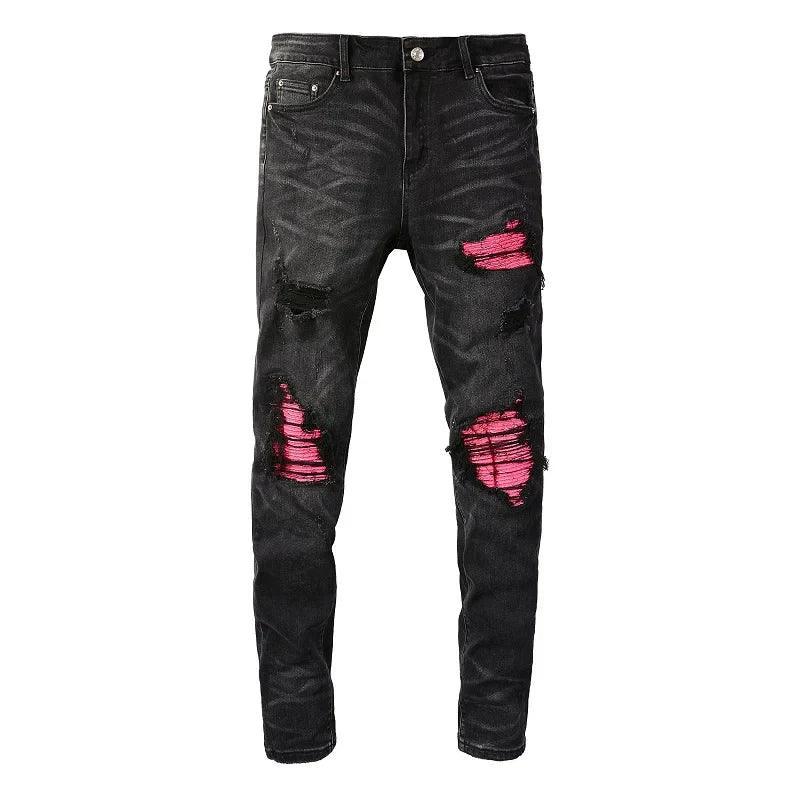 Pink Leather Ribs Patchwork Holes Stretch Slim Fit Streetwear Ripped Jeans - tntwear1