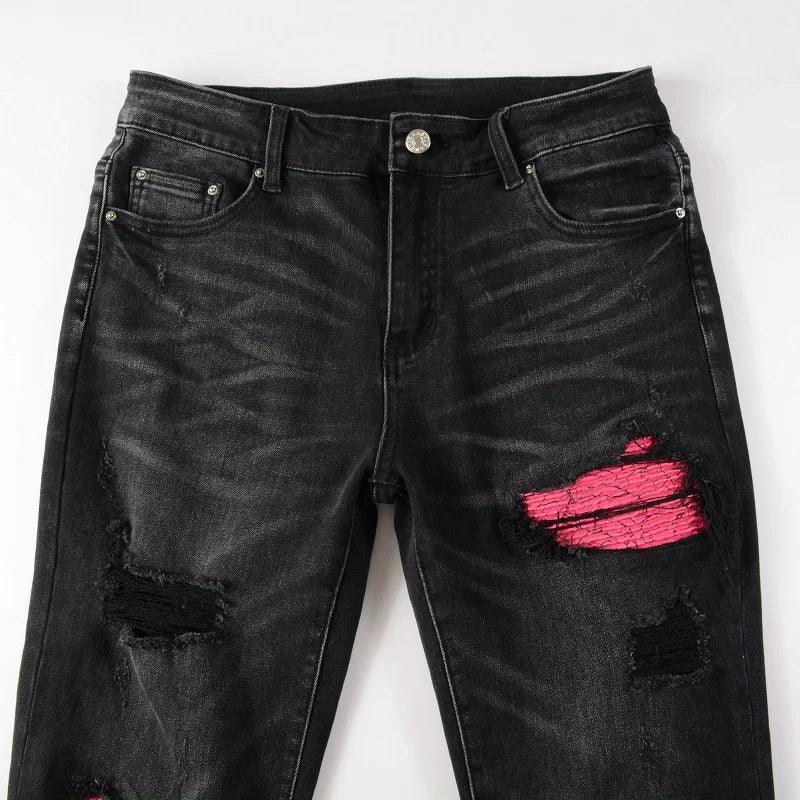 Pink Leather Ribs Patchwork Holes Stretch Slim Fit Streetwear Ripped Jeans - tntwear1