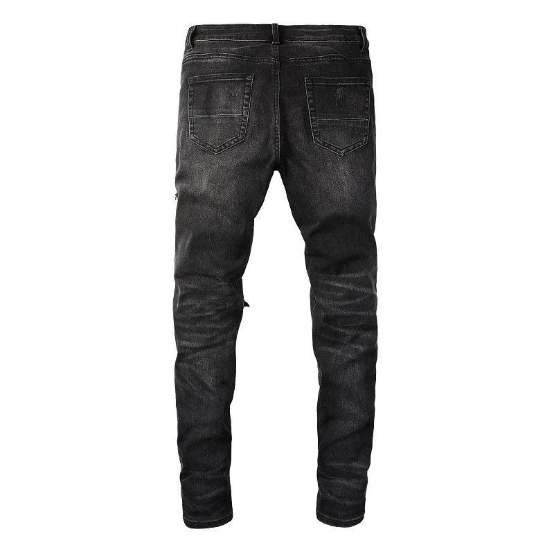 Pink Leather Ribs Patchwork Holes Stretch Slim Fit Streetwear Ripped Jeans - tntwear1
