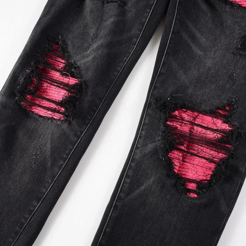 Pink Leather Ribs Patchwork Holes Stretch Slim Fit Streetwear Ripped Jeans - tntwear1