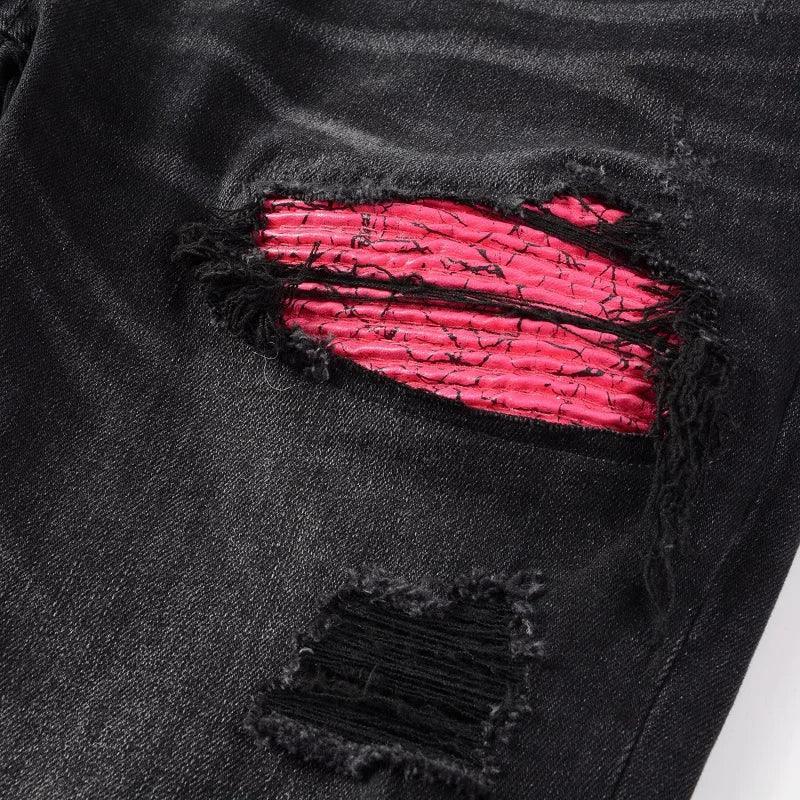 Pink Leather Ribs Patchwork Holes Stretch Slim Fit Streetwear Ripped Jeans - tntwear1