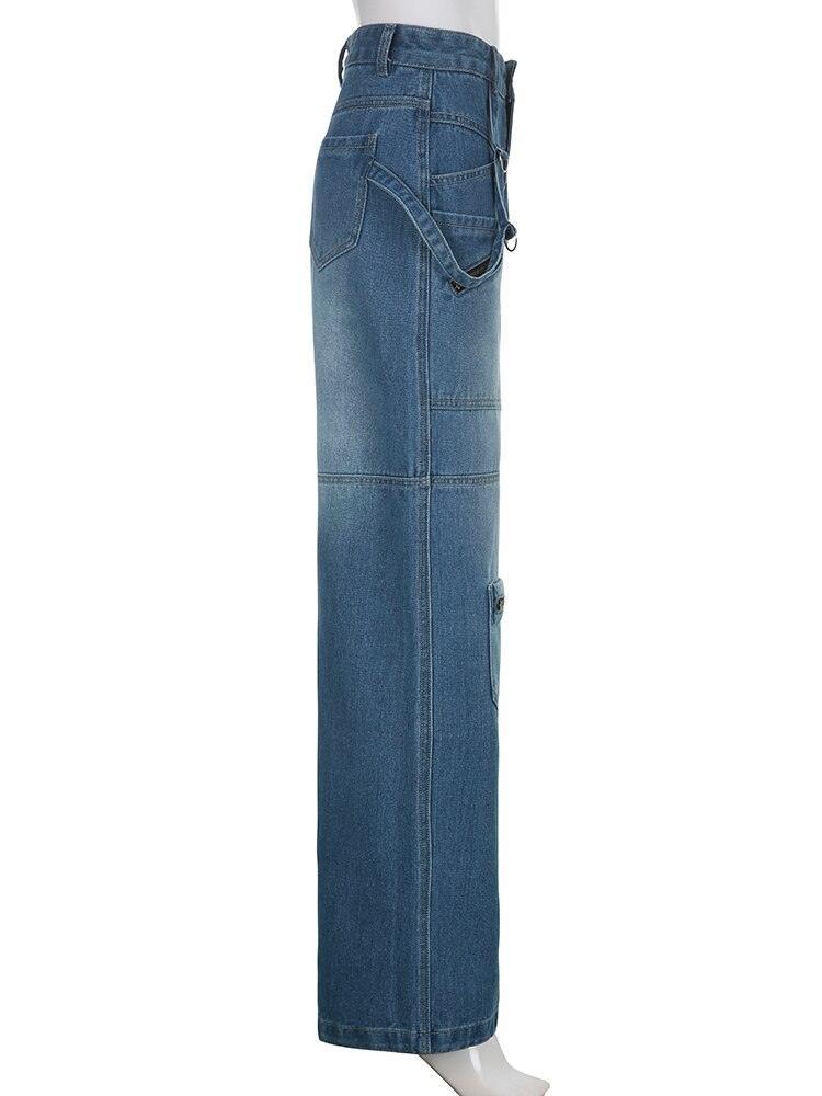 Streetwear Jeans Women Low Waist Button Up Straight Pants - tntwear1