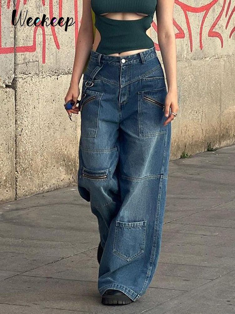 Streetwear Jeans Women Low Waist Button Up Straight Pants - tntwear1