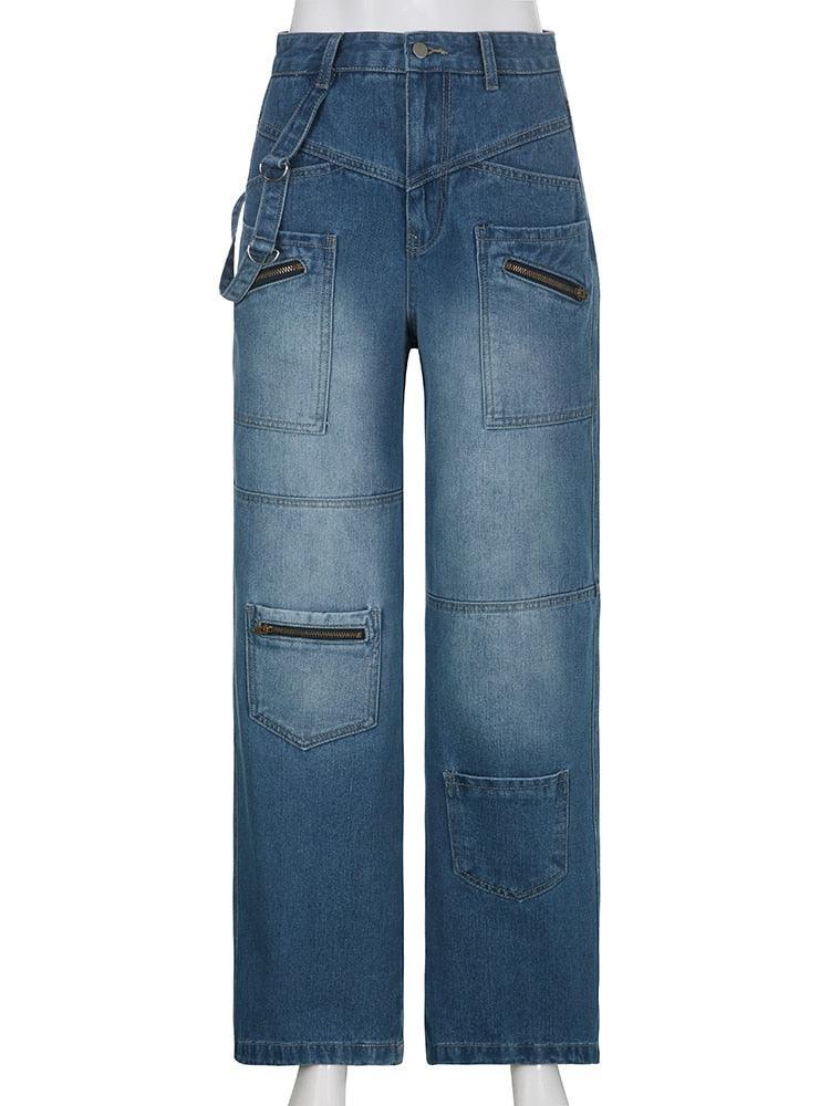 Streetwear Jeans Women Low Waist Button Up Straight Pants - tntwear1