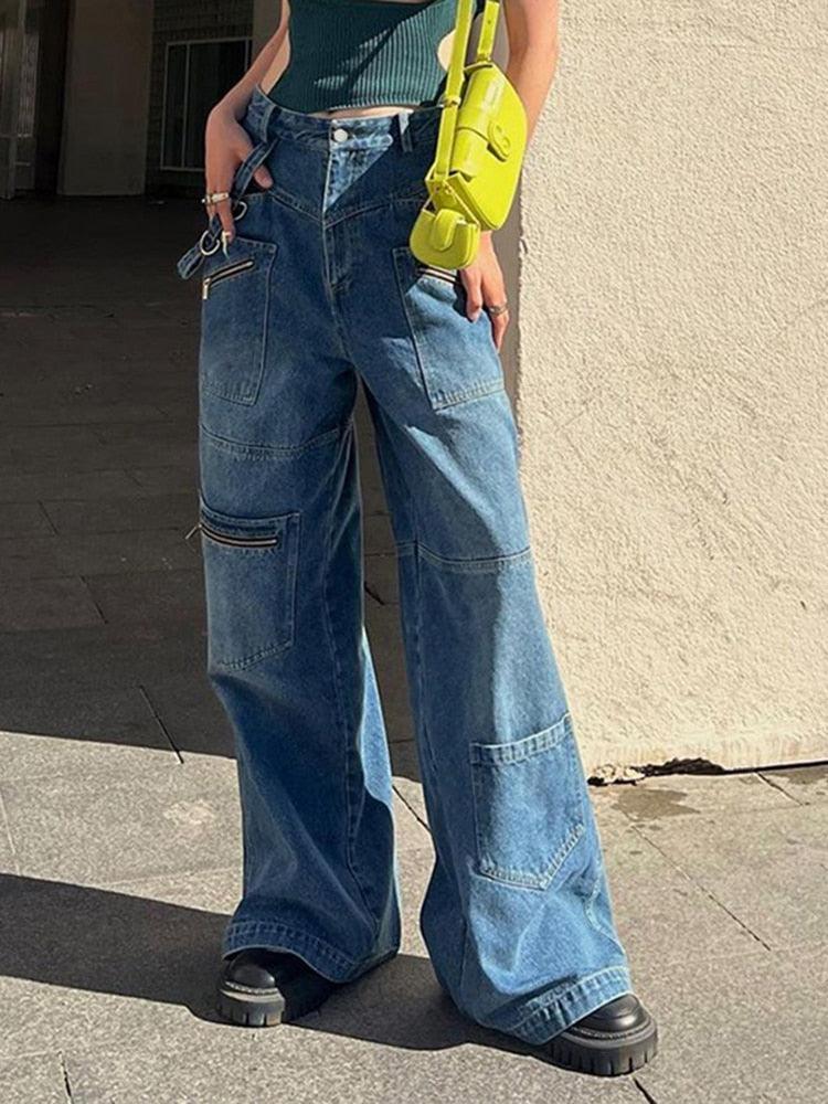 Streetwear Jeans Women Low Waist Button Up Straight Pants - tntwear1