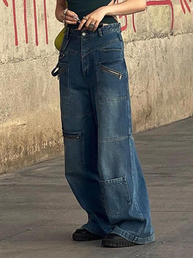 Streetwear Jeans Women Low Waist Button Up Straight Pants - tntwear1