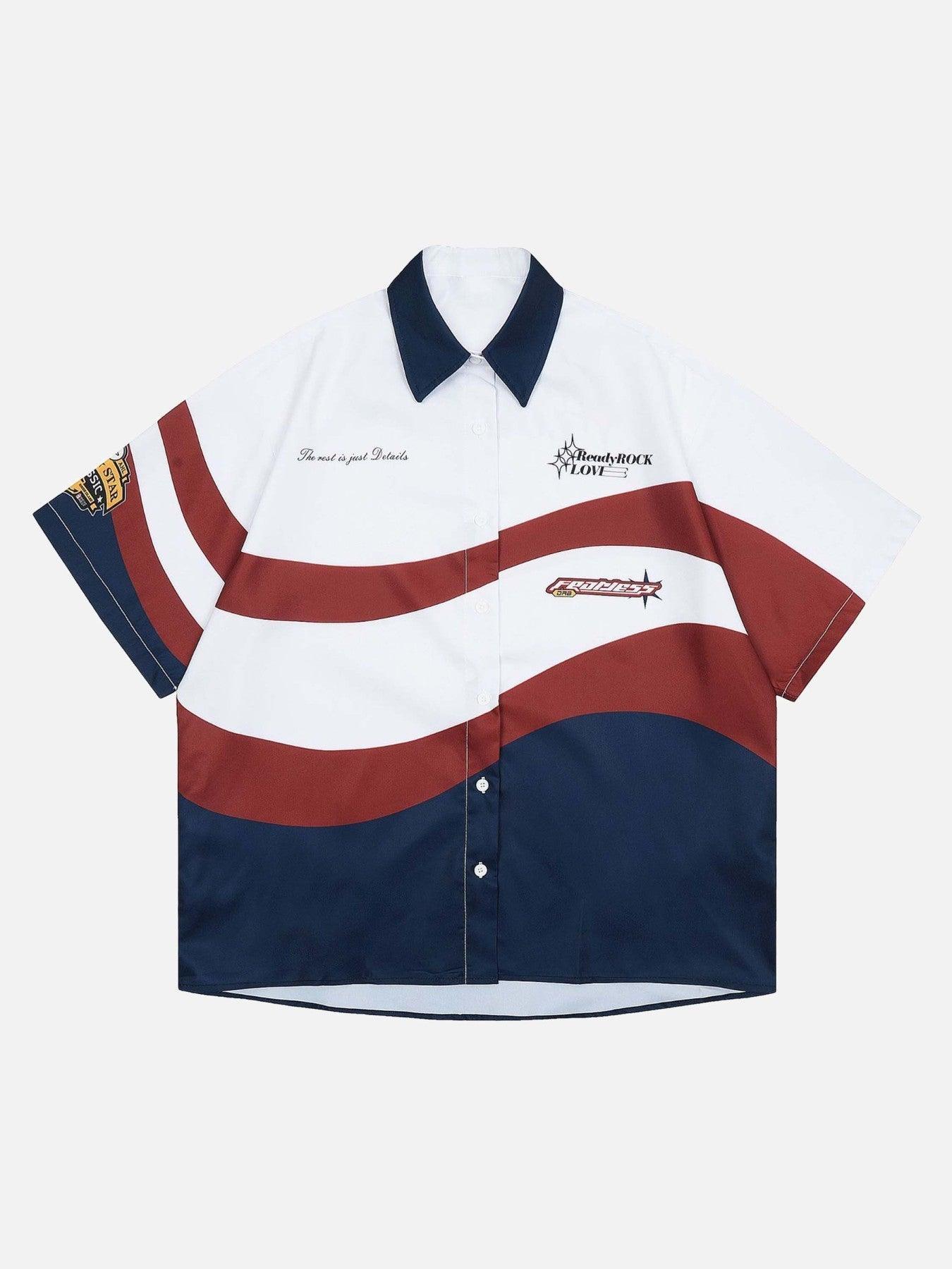 Sneakerland American Style Color Block Print Lapel Shirt - tntwear1