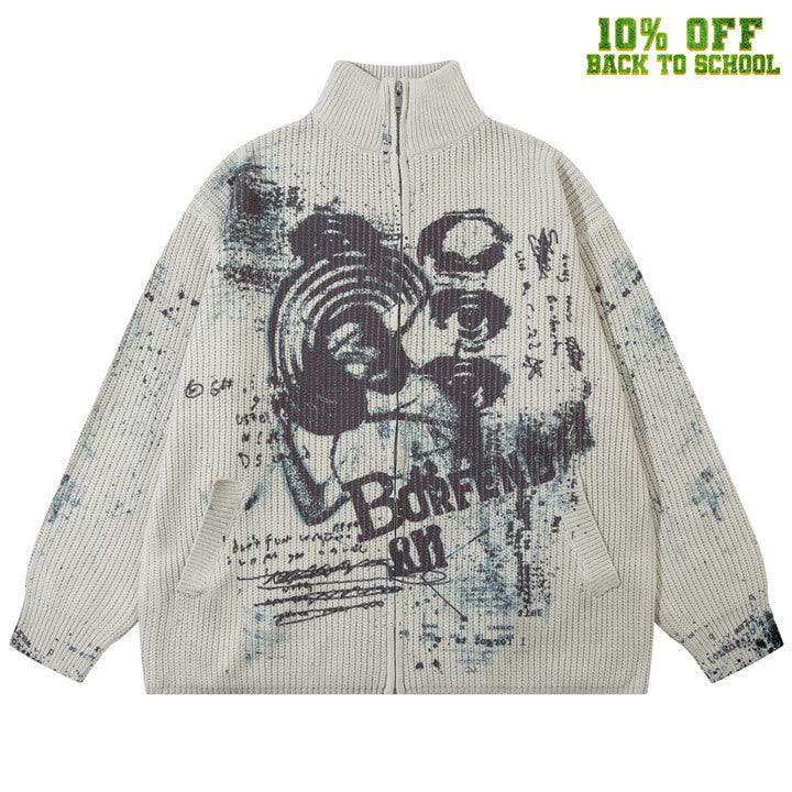 Tntwear® Chunky Knit Zipper Sweater Portrait Graffiti - tntwear1
