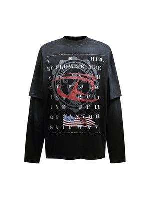 Tntwear Retro Spray Mock Two-Piece Long Sleeve T-shirt - 2188