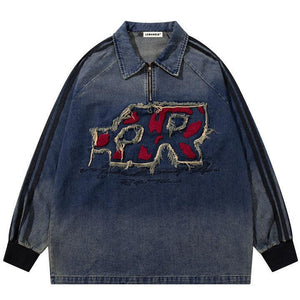 Tntwear® Retro Washed Denim Stitching Polo Sweatshirt - tntwear1