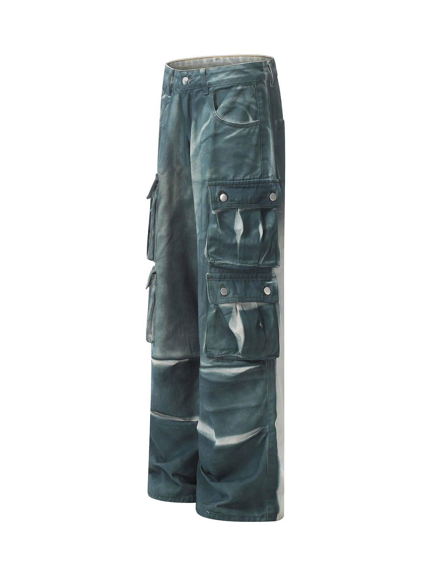Tntwear Gradient Dip Dye Wash Multi-Pocket Cargo Jeans - tntwear1