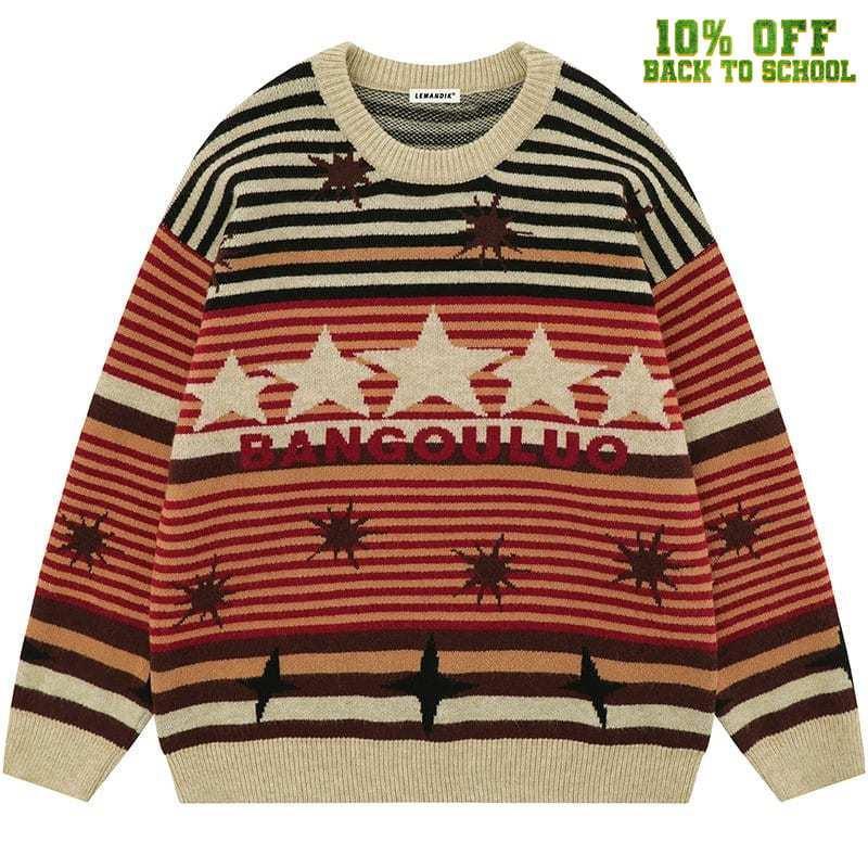 Tntwear® Retro Striped Pullover Sweater with Star - tntwear1