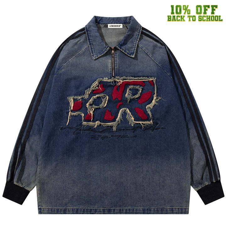 Tntwear® Retro Washed Denim Stitching Polo Sweatshirt - tntwear1
