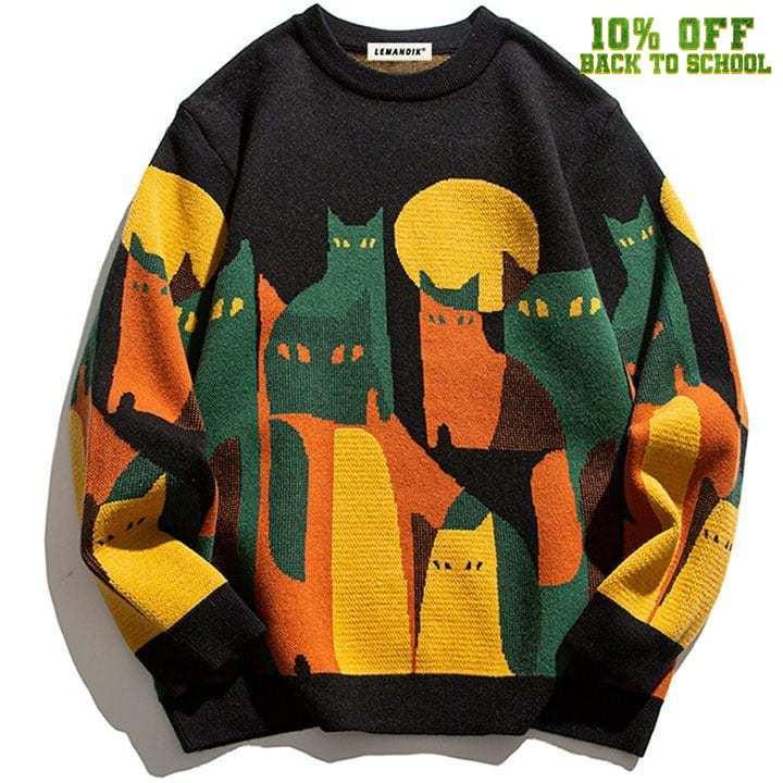 Tntwear® Japanese Knitted Sweater Abstract Cat - tntwear1