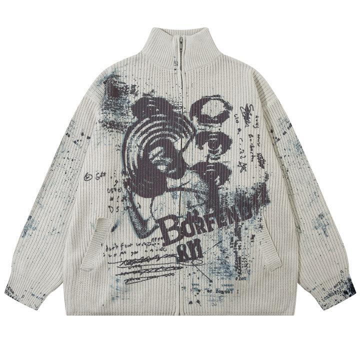 Tntwear® Chunky Knit Zipper Sweater Portrait Graffiti - tntwear1