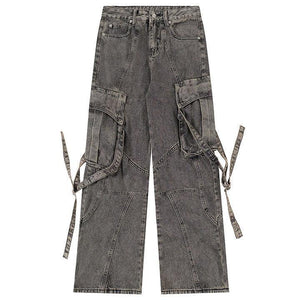 Tntwear® Distressed Washed Cargo Jeans Side Tie Pocket - tntwear1