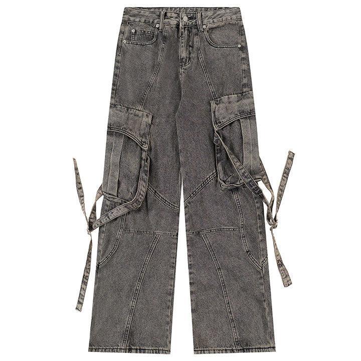 Tntwear® Distressed Washed Cargo Jeans Side Tie Pocket - tntwear1