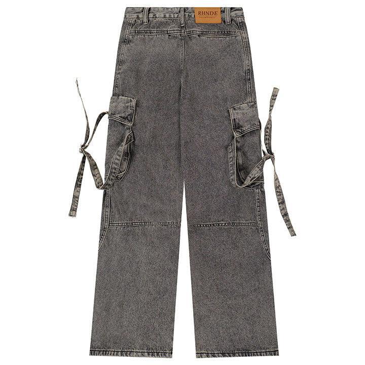 Tntwear® Distressed Washed Cargo Jeans Side Tie Pocket - tntwear1